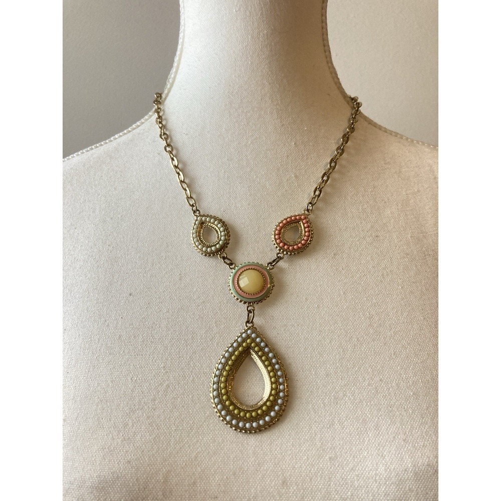 Gold Tone Boho Teardrop Pendant Necklace Pastel Beaded In Pastel Colors Romantic